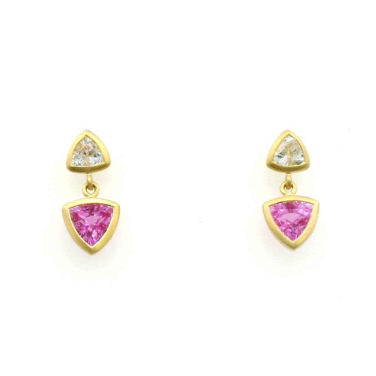 Pink Sapphire/White Sapphire Trillion Bezel Earring 1.65/0.56ct 18K Yellow Gold