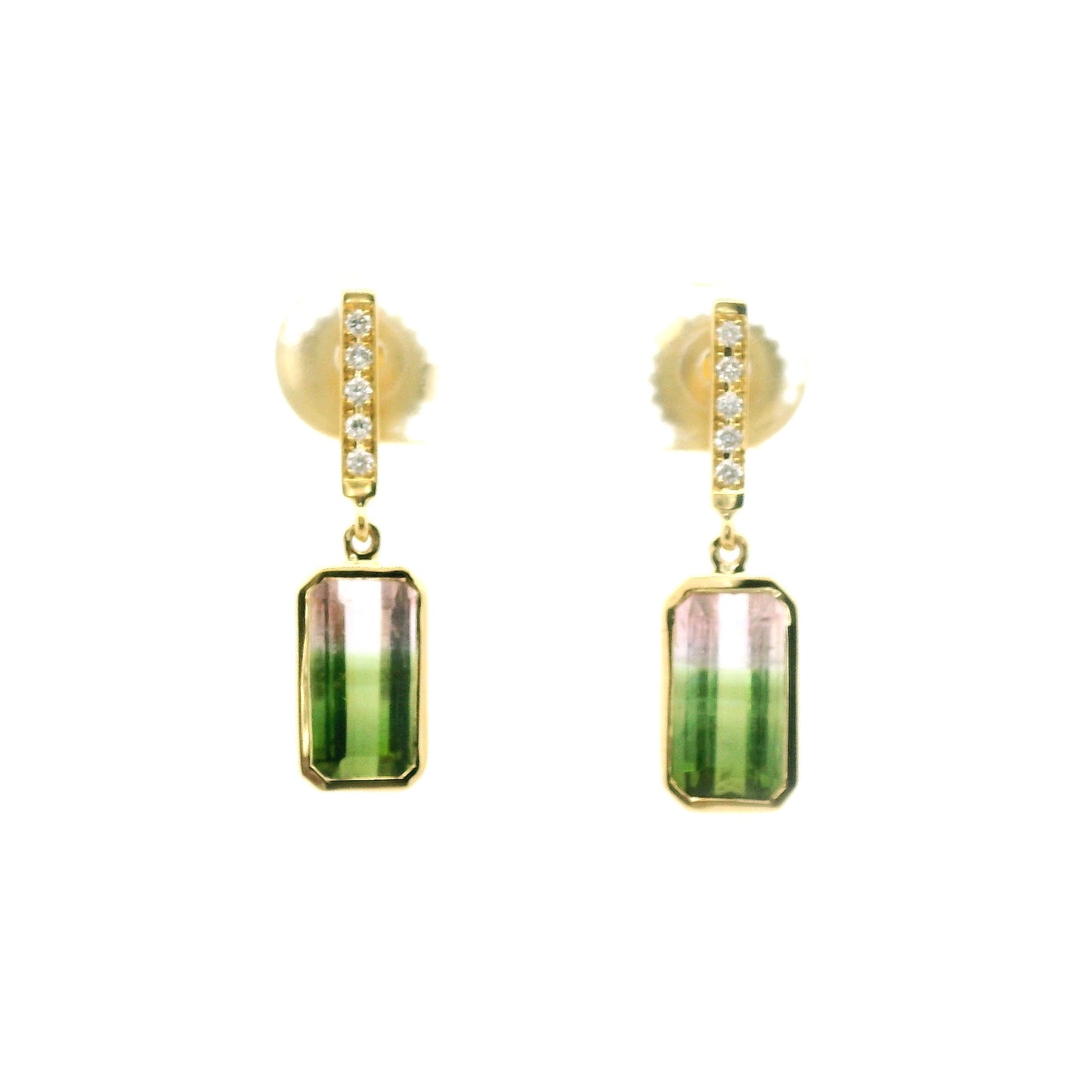 Bicolor Tourmaline Emerald Cut Bezel with Diamonds Earring 3.67/0.08ct 18K Yellow Gold