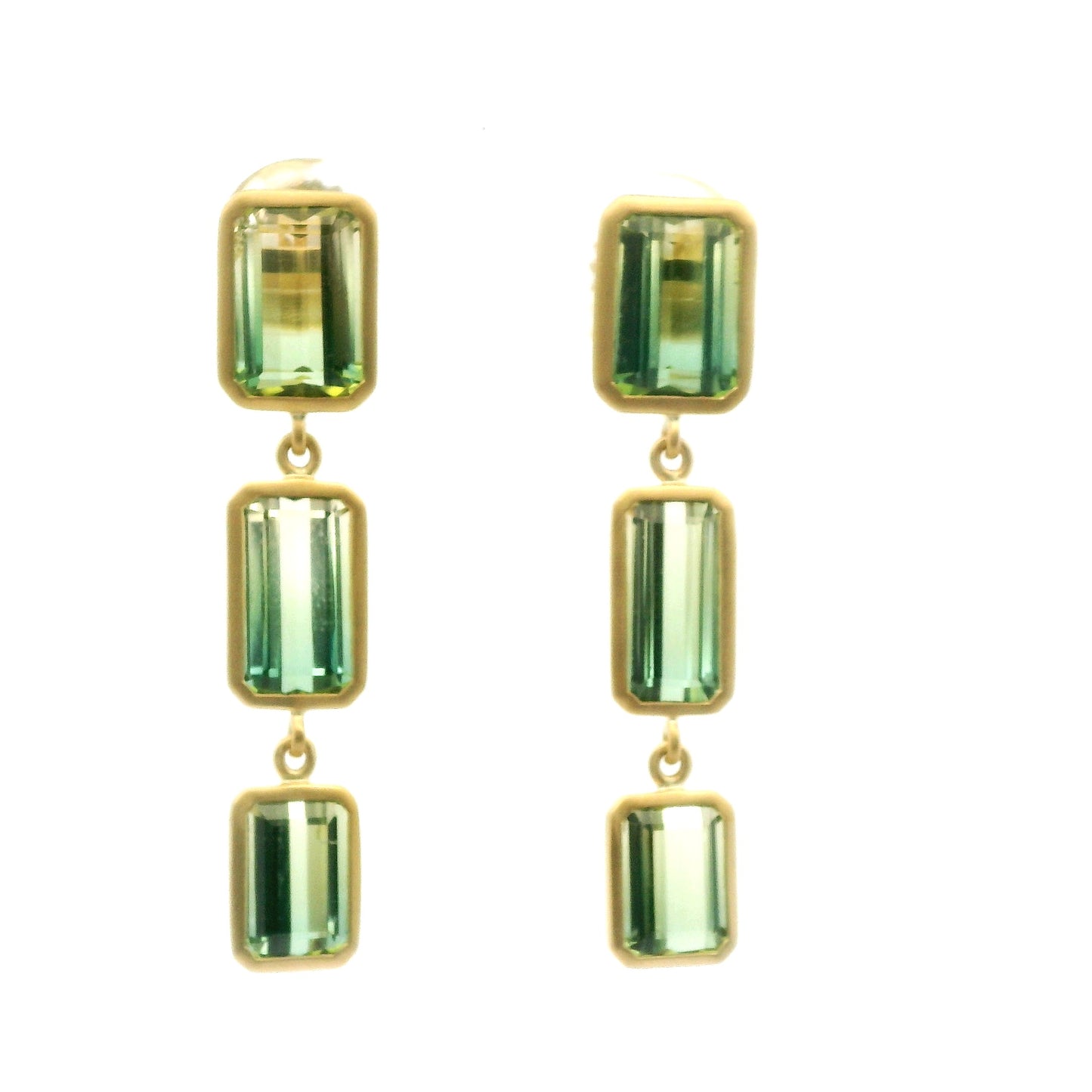 Green Bicolor Tourmaline Emerald Cut Bezel Earring 7.64ct 18K Yellow Gold