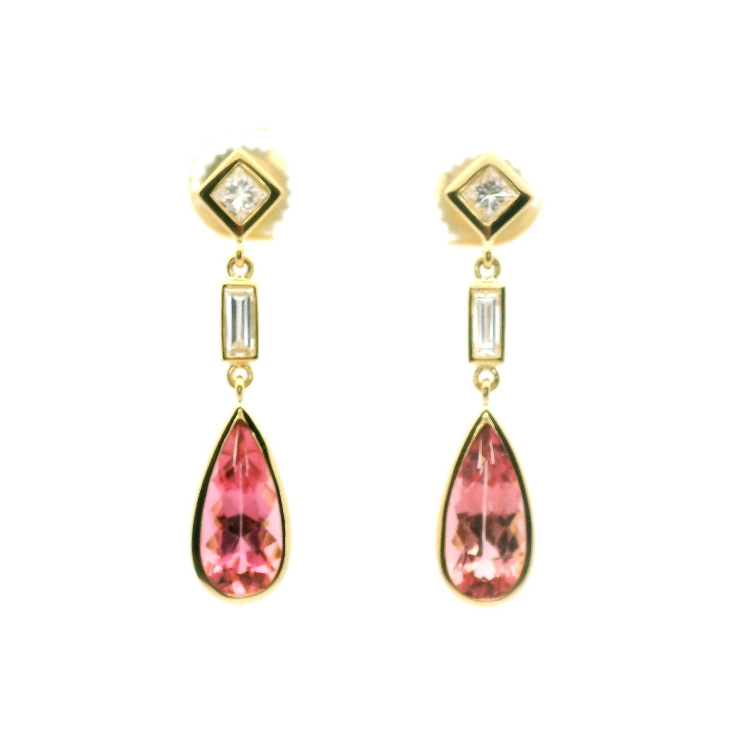 Pink Tourmaline Pear Shape Bezel with Diamonds Earring 3.05/0.51ct 18K Yellow Gold