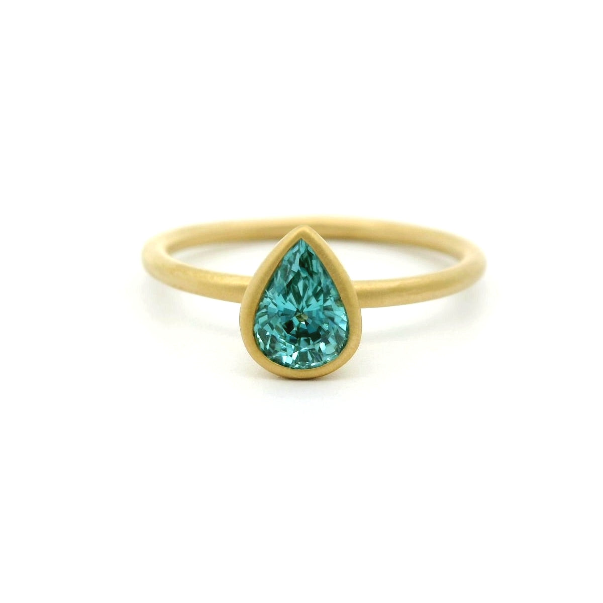 Blue Zircon Pear Shape Yumdrop Ring 0.98ct 18K Yellow Gold Size 7