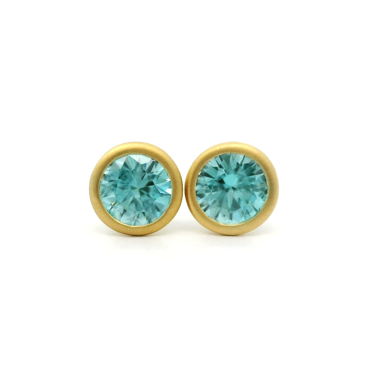 Blue Zircon Round Bezel Earring 1.92ct 18K Yellow Gold