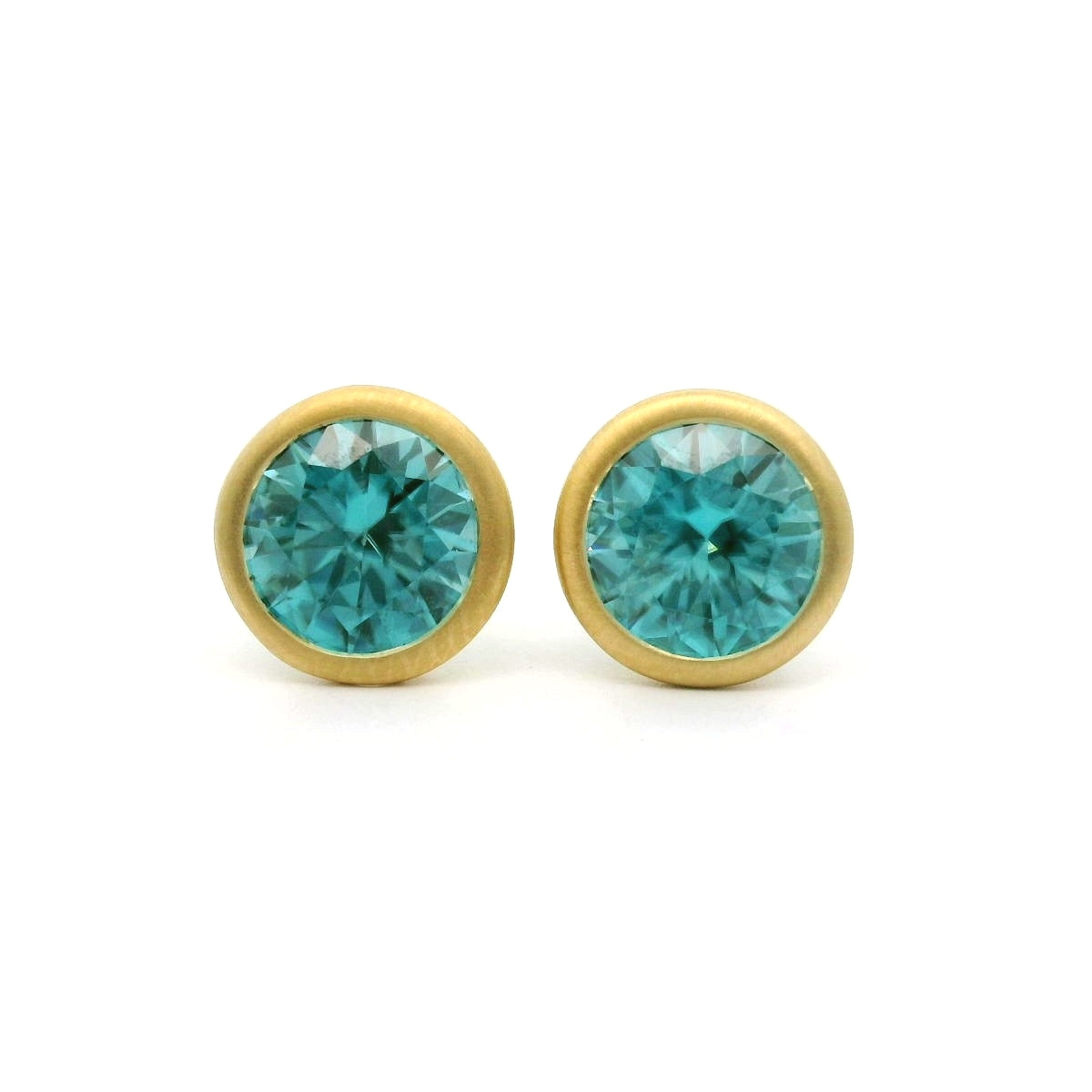 Blue Zircon Round Bezel Earring 3.25ct 18K Yellow Gold