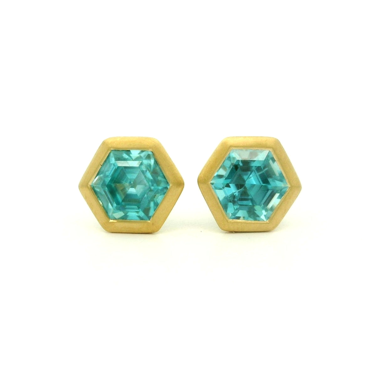 Blue Zircon Hexagon Bezel Earring 2.99ct 18K Yellow Gold
