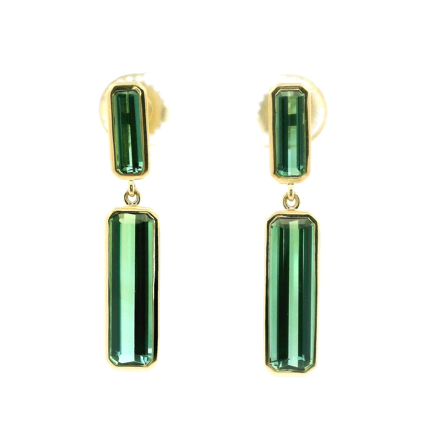 Green Tourmaline Emerald Cut Bezel Earring 6.30ct 18K Yellow Gold