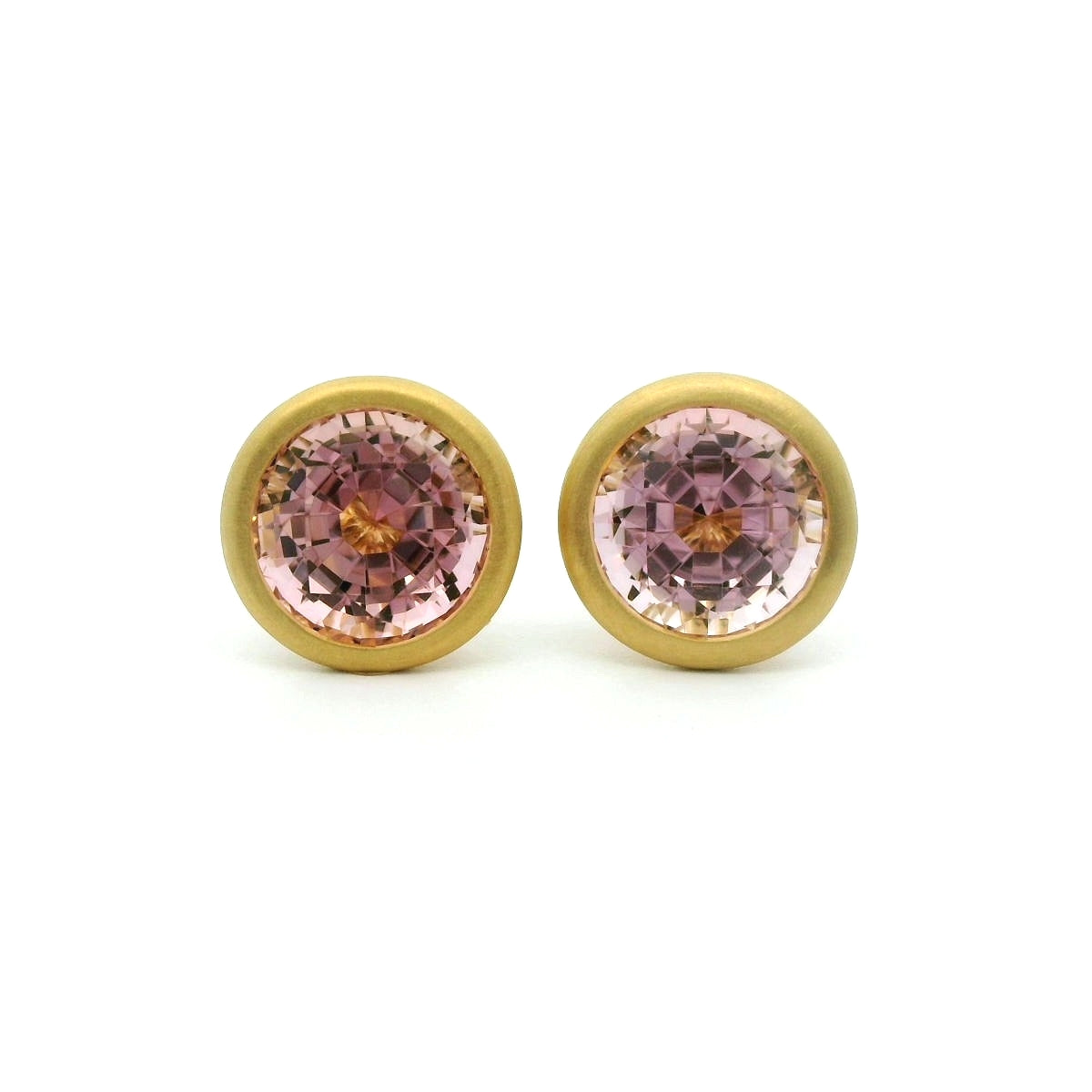 Pink Tourmaline Round Bezel Earring 3.12ct 18K Yellow Gold
