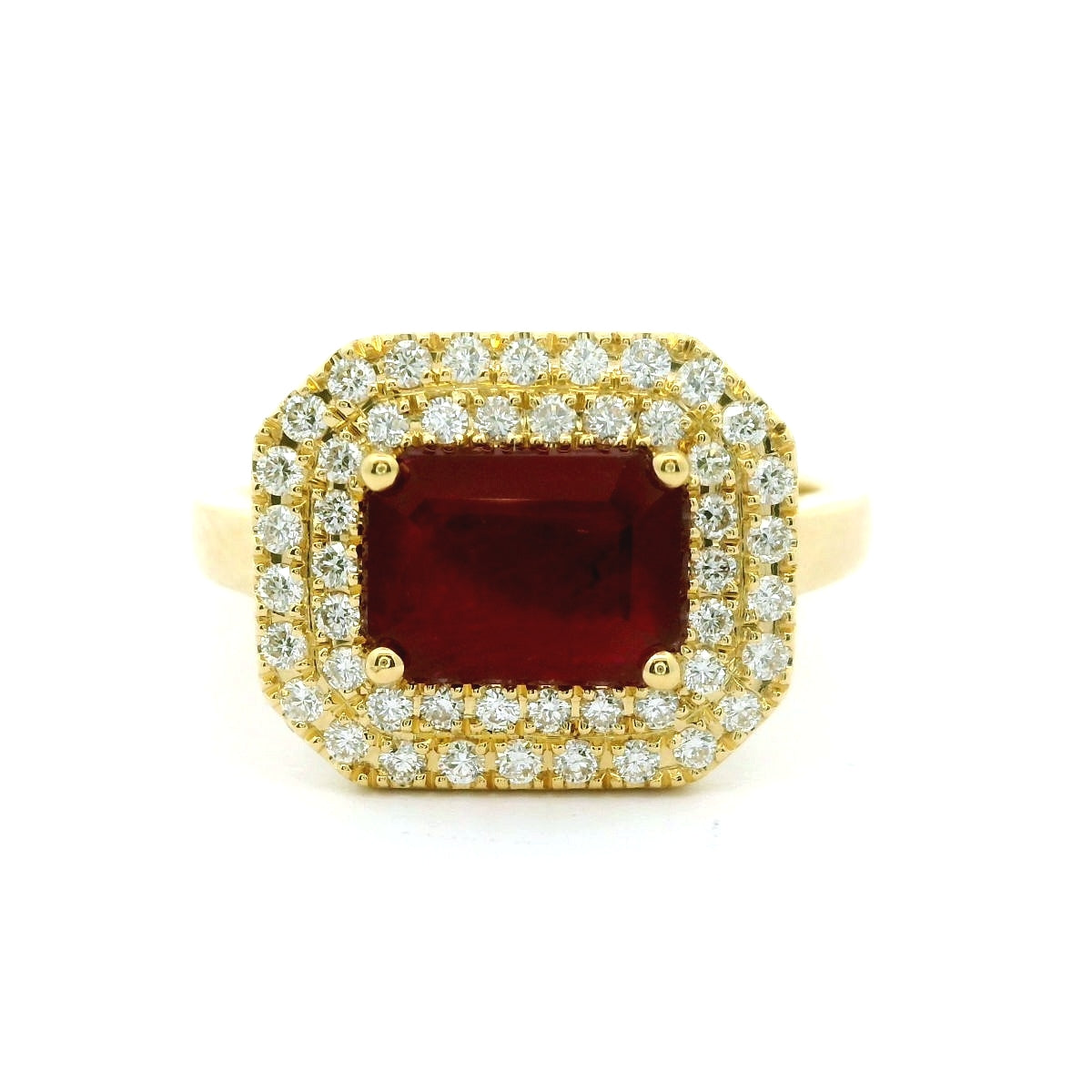 Ruby Emerald Cut Double Halo Ring 1.75/0.32ct 18K Yellow Gold Size 6.5