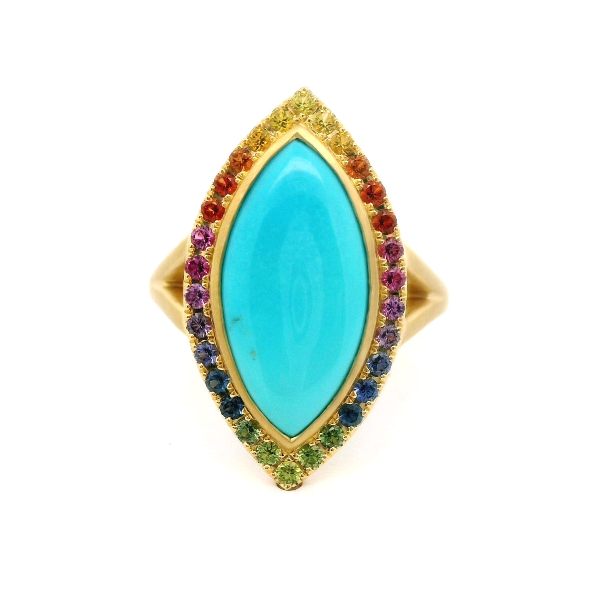 Turquoise/Rainbow Marquise Halo Ring 3.00/54ct 18K Yellow Gold Size 7.5