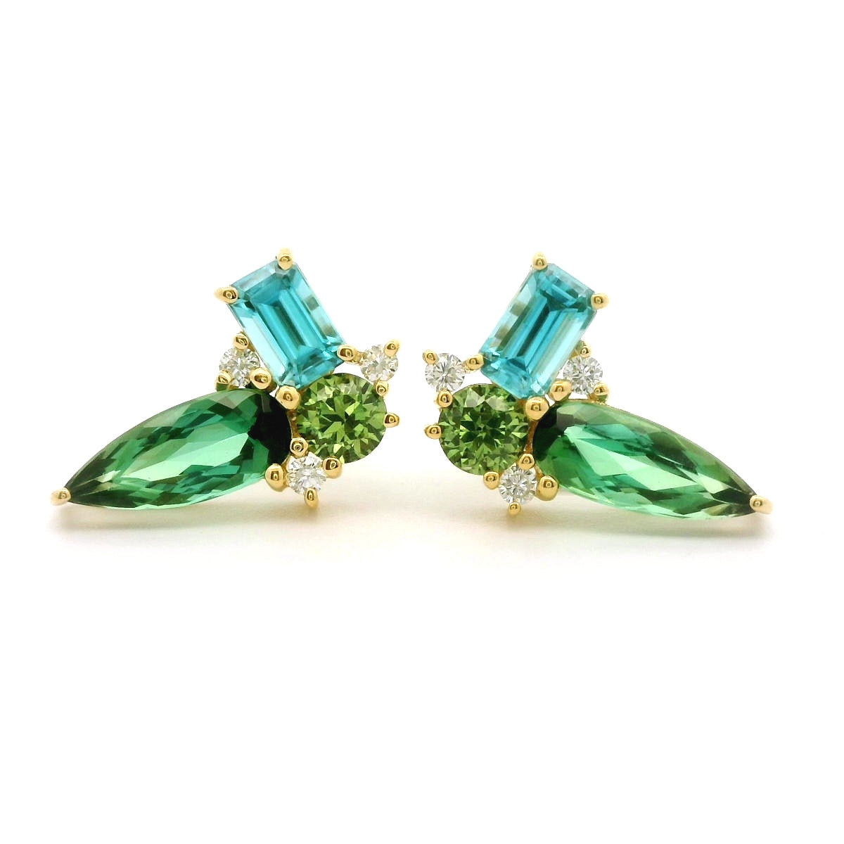 Tourmaline/Blue Zircon/Green Sapphire Cluster Earring 1.29/1.02/0.36/0.08ct 18K Yellow Gold