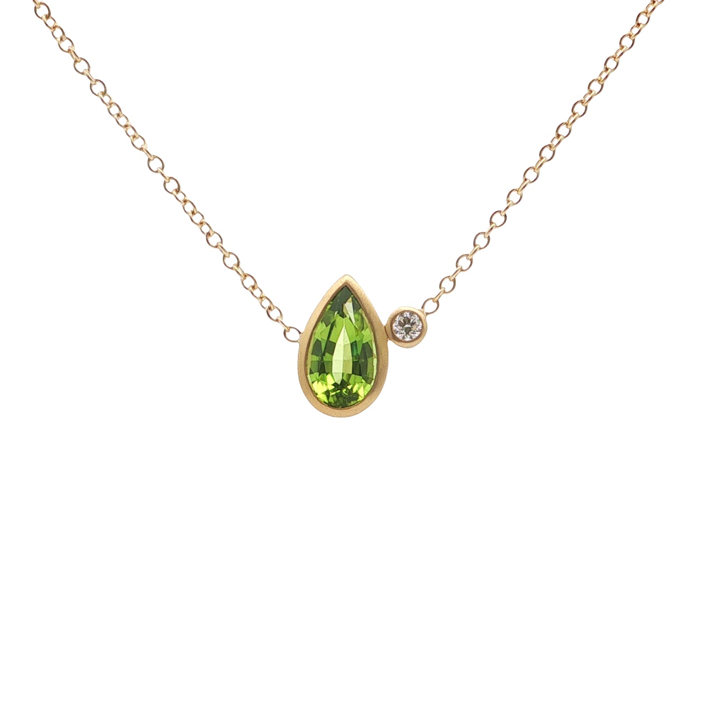 Peridot/Diamond Pear Shape 2 Stone Necklace 2.12/0.08ct 18K Yellow Gold