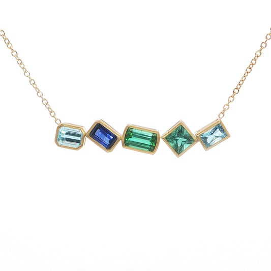 Aquamarine/Green Tourmaline/Blue Sapphire 5 Stone Necklace 1.50/2.16/0.97ct 18K Yellow Gold