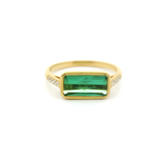 Green Tourmaline Emerald Cut Skinny Stack Ring 1.37/0.08ct 18K Yellow Gold Size 6.5 (2)