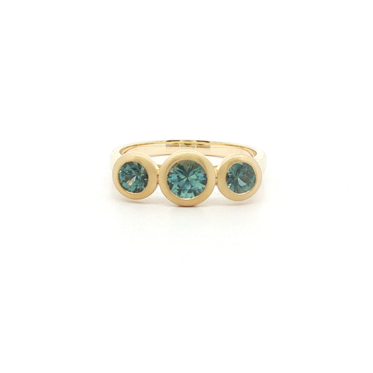 Montana Sapphire Round 3 Stone Ring 1.22ct 18K Yellow Gold Size 7