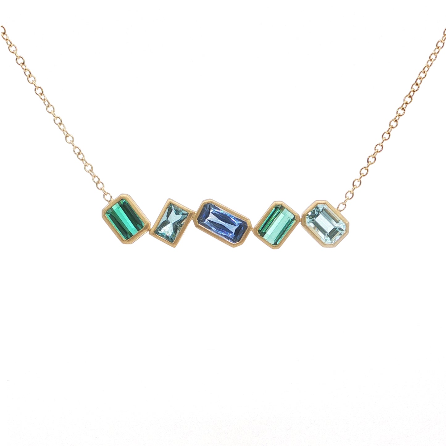 Aquamarine/Green Tourmaline/Blue Sapphire 5 Stone Necklace 1.29/1.77/1.30ct 18K Yellow Gold