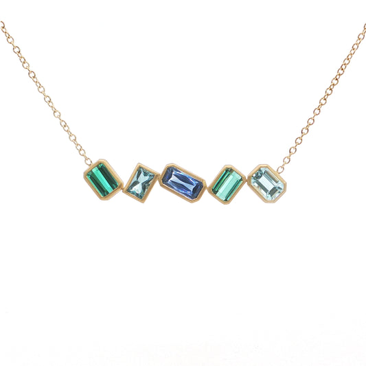Aquamarine/Green Tourmaline/Blue Sapphire 5 Stone Necklace 1.29/1.77/1.30ct 18K Yellow Gold