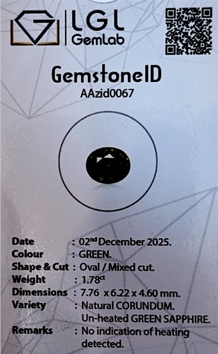 Madagascar Green Sapphire Oval 1.78ct (N) 7.76x6.22mm 750pct
