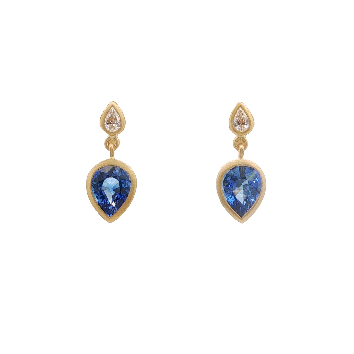 Blue Sapphire/Diamond Pear Shape Bezel Earring 2.11/0.14ct 18K Yellow Gold