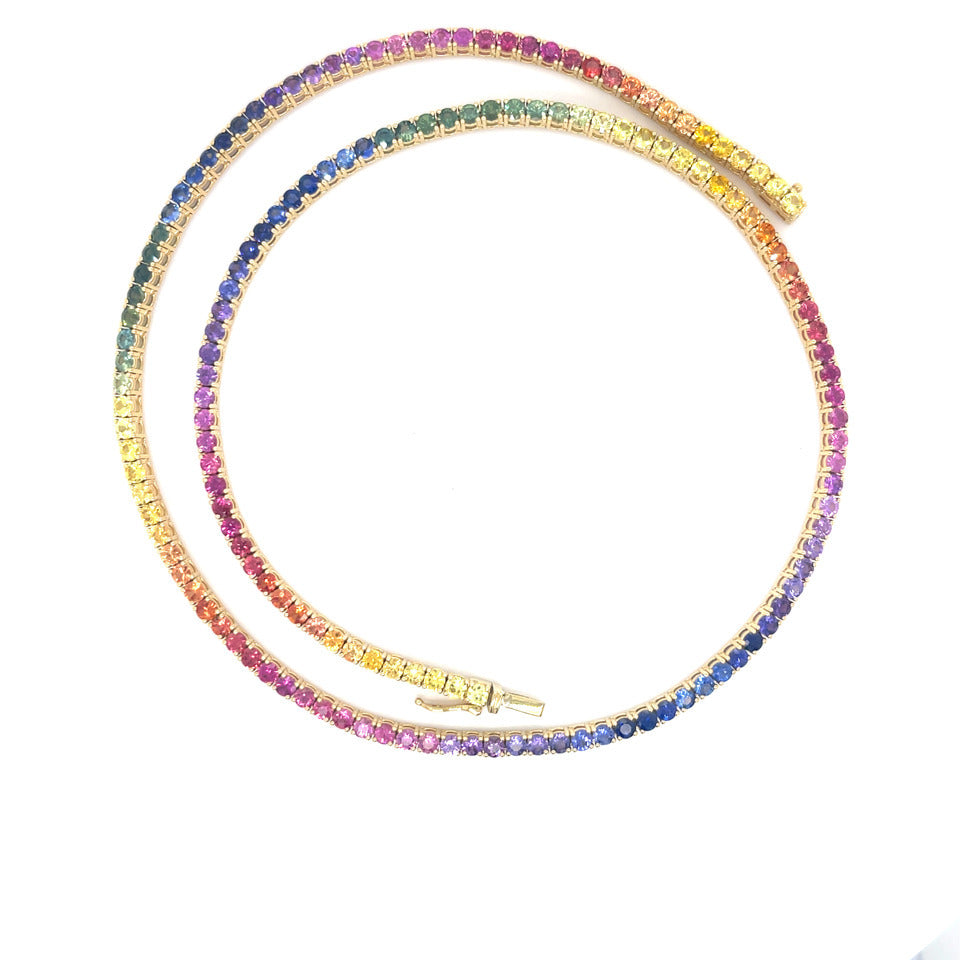 Rainbow 3mm Round Tennis Necklace 16.99ct 18K Yellow Gold