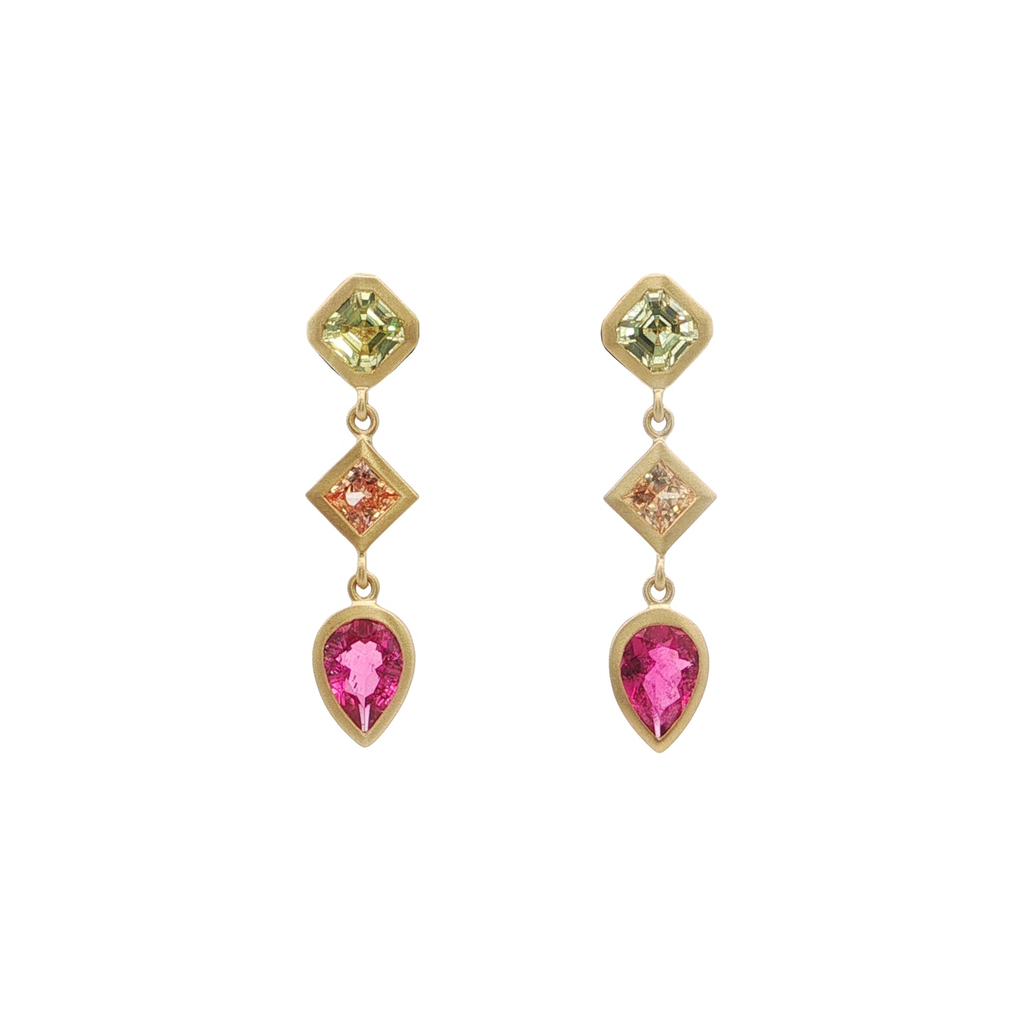 Chrysoberyl/Sapphire/Pink Tourmaline 3 Stone Earring 0.99/0.66/1.04ct 18K Yellow Gold