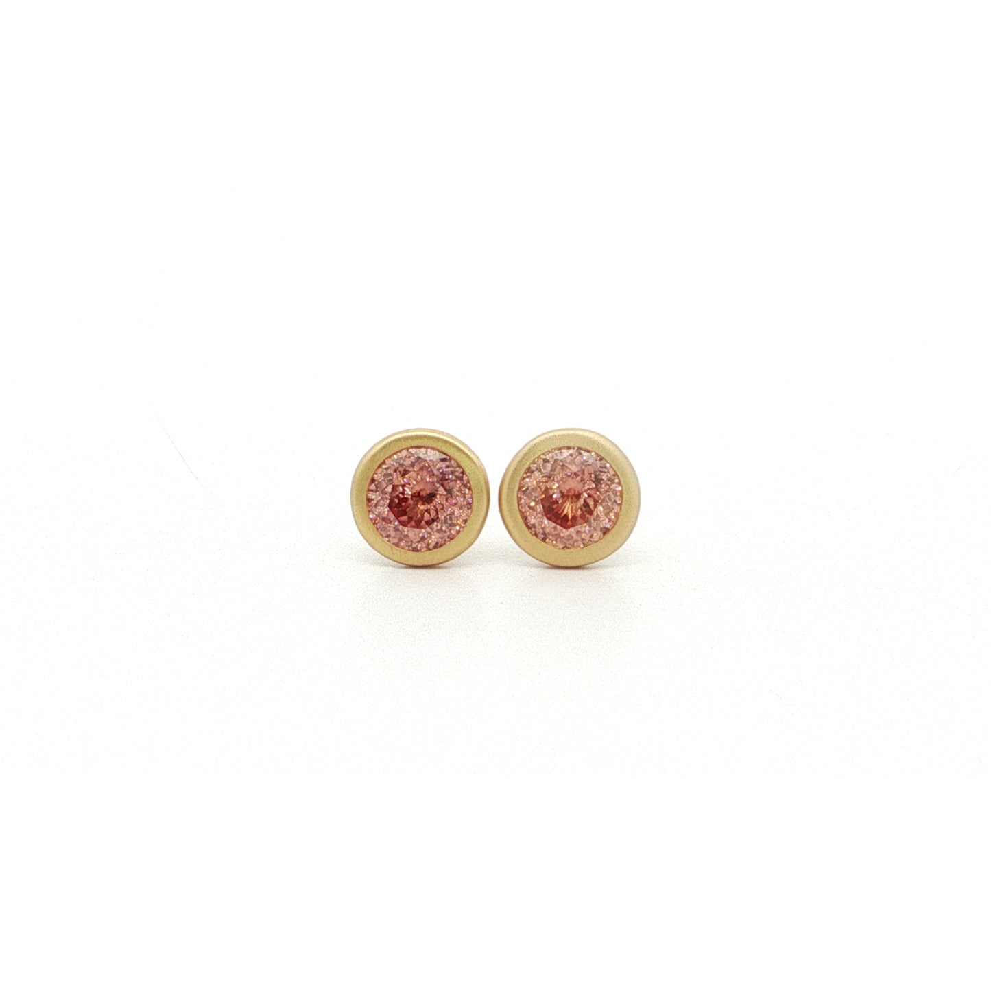 Peach Champagne Zircon Round Bezel Earring 1.08ct 18K Yellow Gold