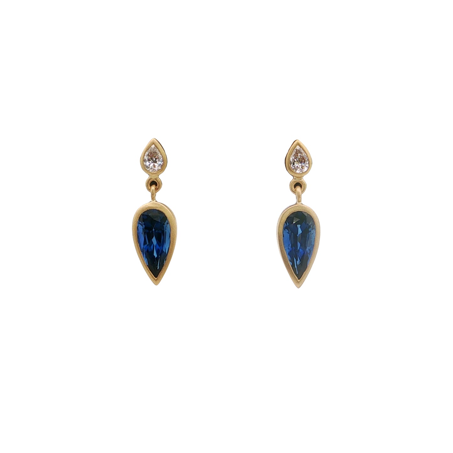 Blue Sapphire/Diamond Pear Shape Bezel Earring 1.74/0.14ct 18K Yellow Gold