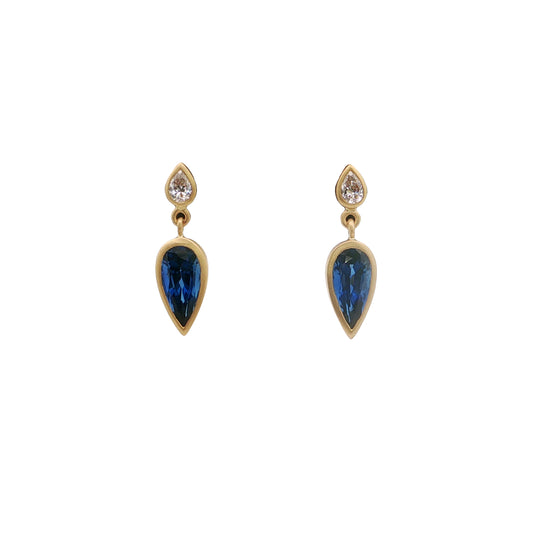 Blue Sapphire/Diamond Pear Shape Bezel Earring 1.74/0.14ct 18K Yellow Gold