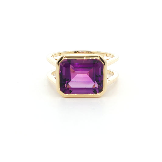 Amethyst Emerald Cut Split Shank Ring 4.27ct 18K Yellow Gold Size 7.5