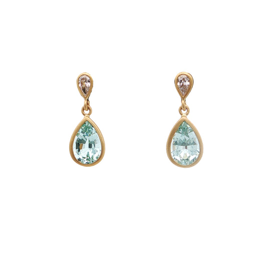 Aquamarine/Diamond Pear Shape Bezel Earring 1.42/0.15ct 18K Yellow Gold