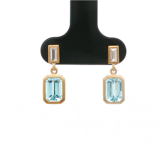 Aquamarine/Diamond Emerald Cut Bezel Earring 1.80/0.26ct 18K Yellow Gold
