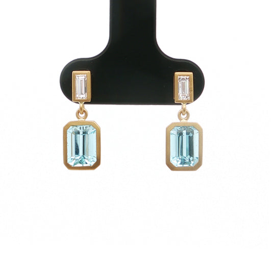 Aquamarine/Diamond Emerald Cut Bezel Earring 1.92/0.25ct 18K Yellow Gold
