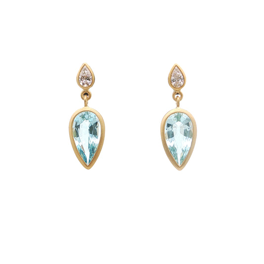 Aquamarine/Diamond Pear Shape Bezel Earring 1.97/.20ct 18K Yellow Gold