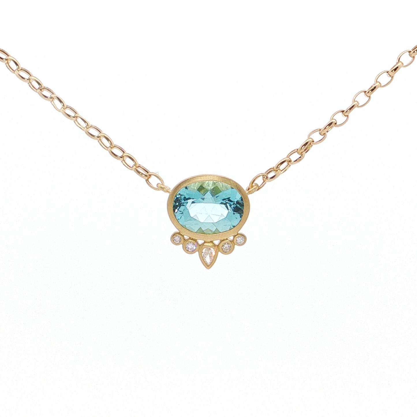 Aquamarine Oval Bezel with Diamonds Necklace 2.54/0.06ct 18K Yellow Gold (2)