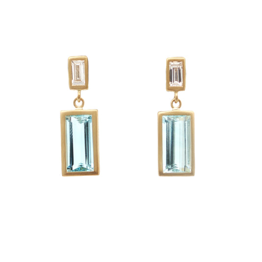 Aquamarine/Diamond Baguette Bezel Earring 2.92/0.30ct 18K Yellow Gold
