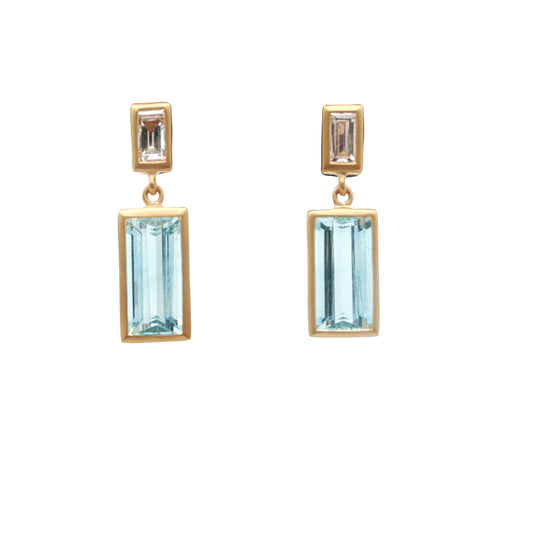 Aquamarine/Diamond Baguette Bezel Earring 0.05/0.32ct 18K Yellow Gold