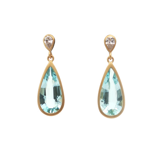 Aquamarine/Diamond Pear Shape Bezel Earring 0.52/0.22ct 18K Yellow Gold