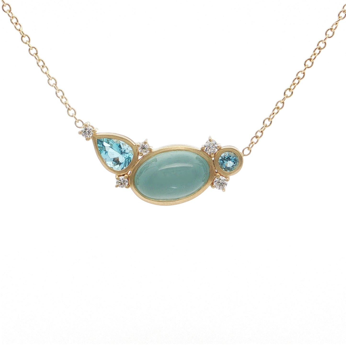 Aquamarine/Diamond Cabochon Cluster Necklace 4.67/0.72/0.20ct 18K Yellow Gold/Sterling Silver