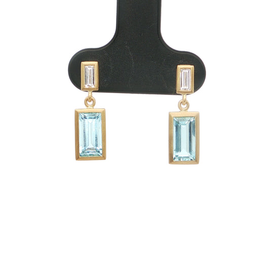 Aquamarine/Diamond Baguette Bezel Earring 1.64/0.22ct 18K Yellow Gold