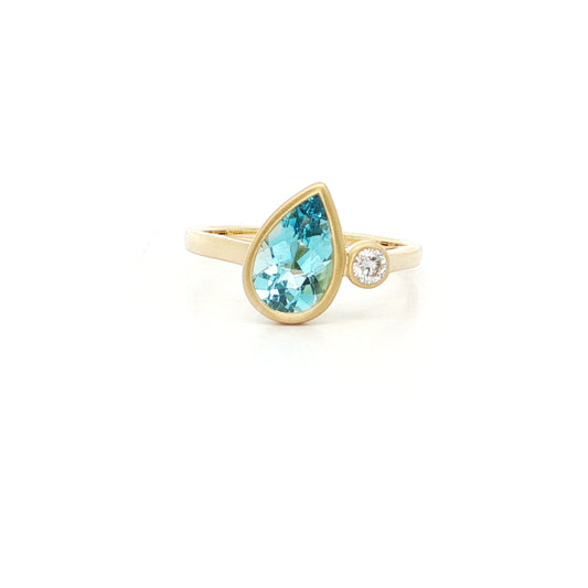 Aquamarine/Diamond Pear Shape 2 Stone Ring 1.02/0.08ct 18K Yellow Gold Size 7
