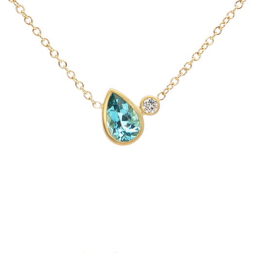 Aquamarine/Diamond Pear Shape 2 Stone Necklace 1.16/0.08ct 18K Yellow Gold