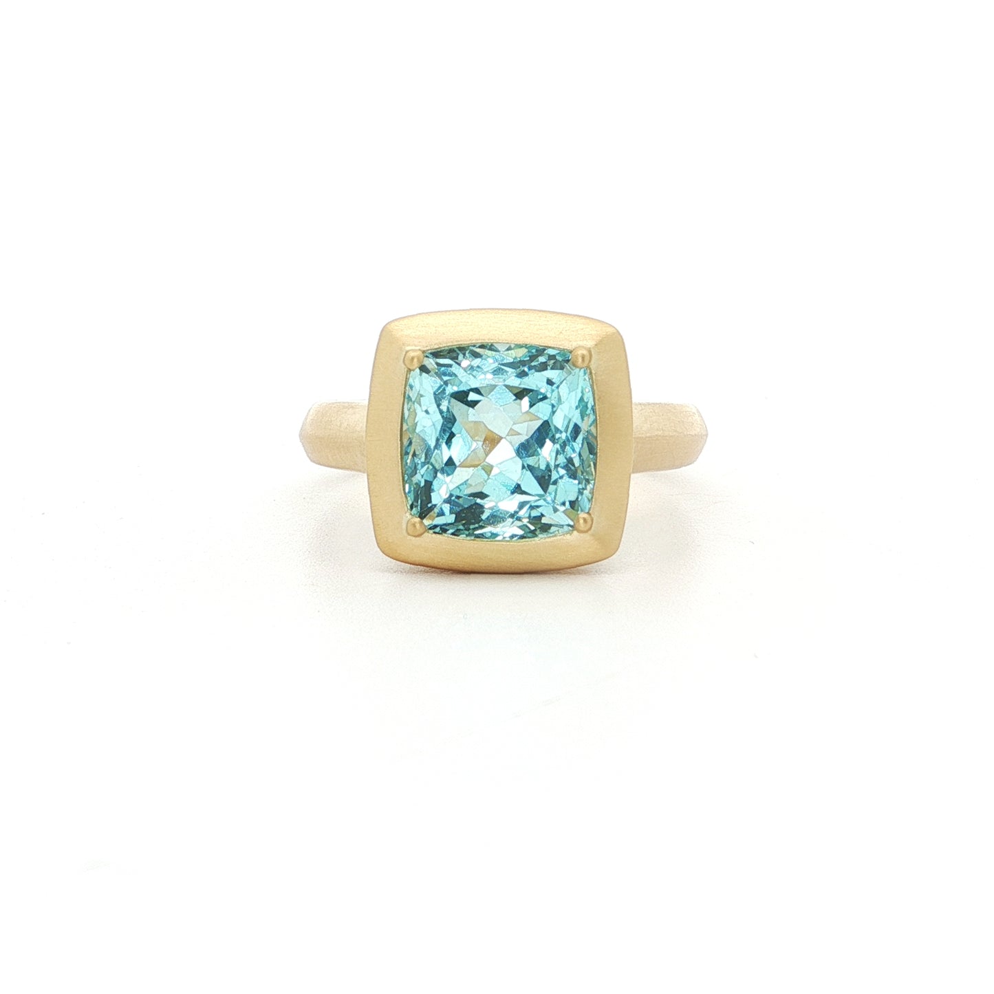 Aquamarine Cushion Bezel Ring 3.80ct 18K Yellow Gold Size 7