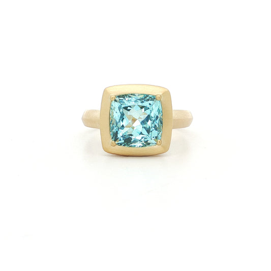 Aquamarine Cushion Bezel Ring 3.80ct 18K Yellow Gold Size 7