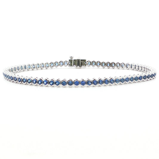 Blue Sapphire Round Tennis Hexagon Bracelet ~3.40ct 18K White Gold 7"
