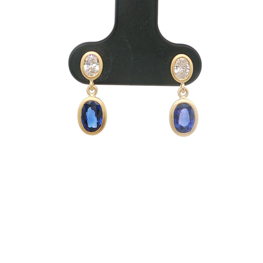 Blue Sapphire/Diamond Oval Bezel Earring 1.15/0.33ct 18K Yellow Gold