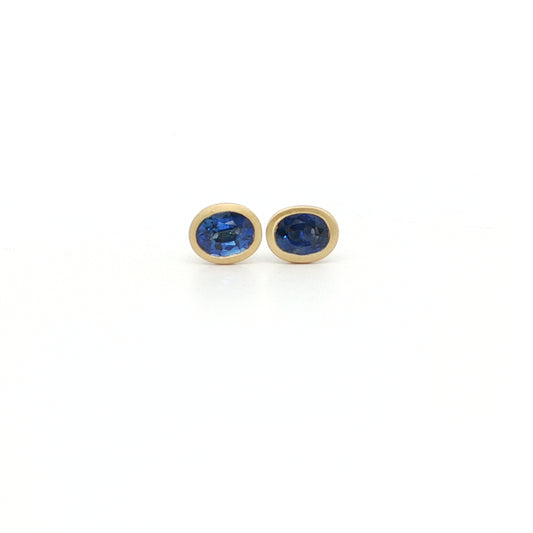 Blue Sapphire Oval Bezel Earring 0.71ct 18K Yellow Gold