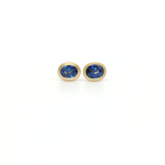 Blue Sapphire Oval Bezel Earring 0.76ct 18K Yellow Gold