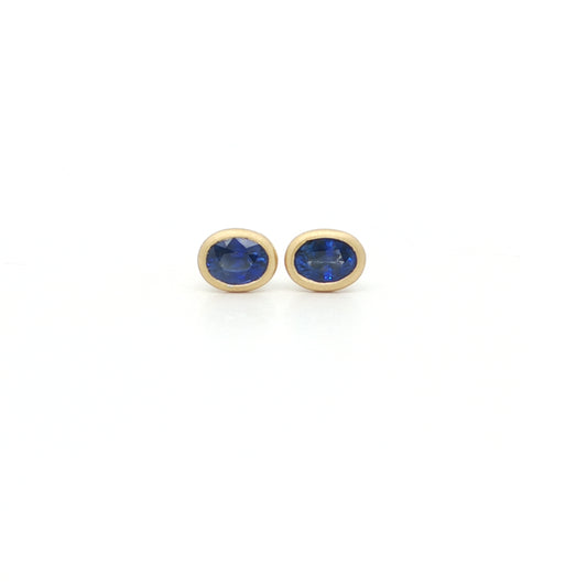 Blue Sapphire Oval Bezel Earring 0.78ct 18K Yellow Gold