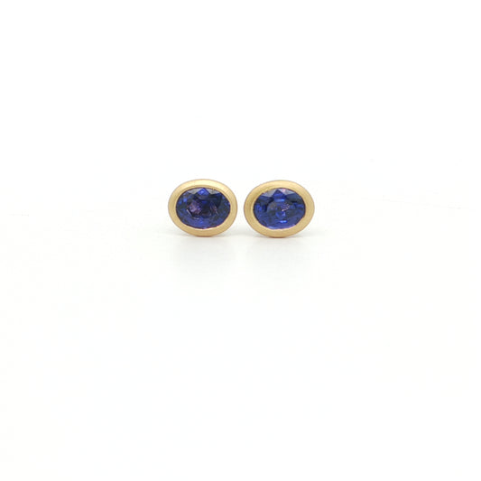 Blue Sapphire Oval Bezel Earring 0.94ct 18K Yellow Gold