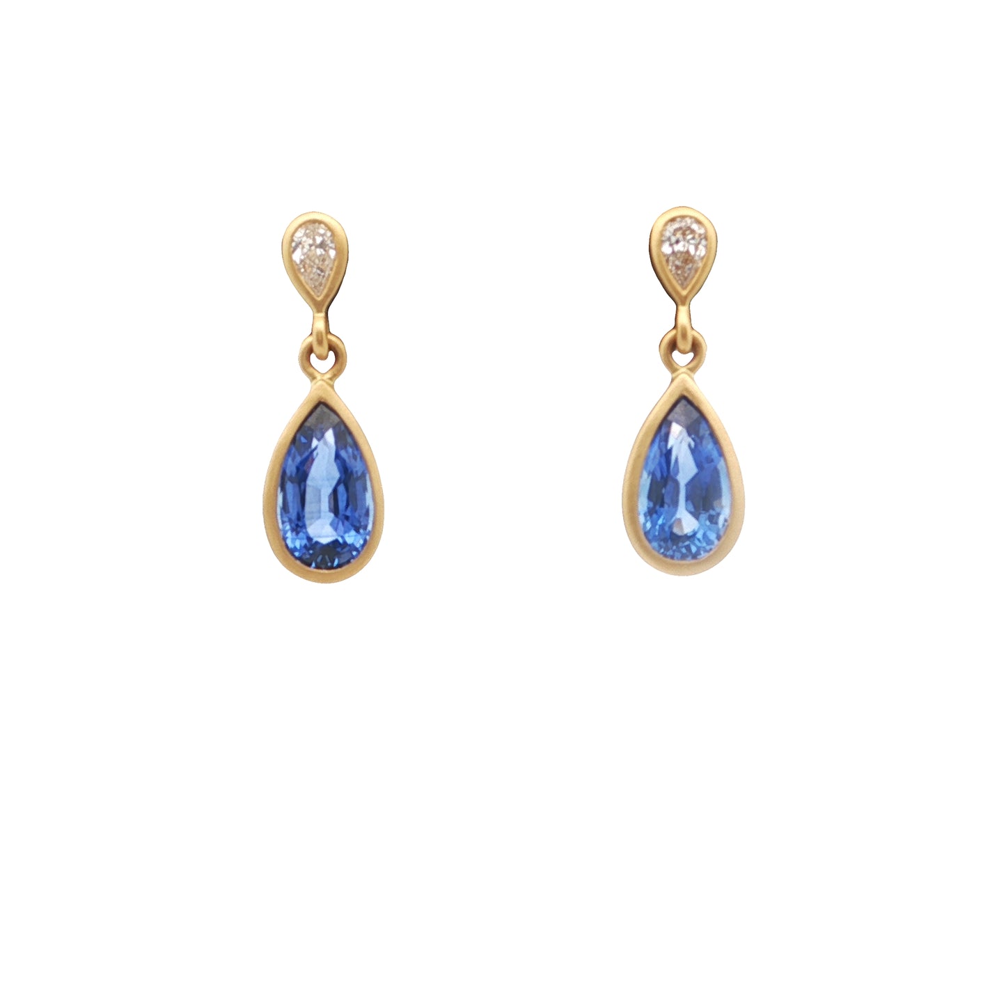 Blue Sapphire/Diamond Pear Shape Bezel Earring 1.72/0.12ct 18K Yellow Gold