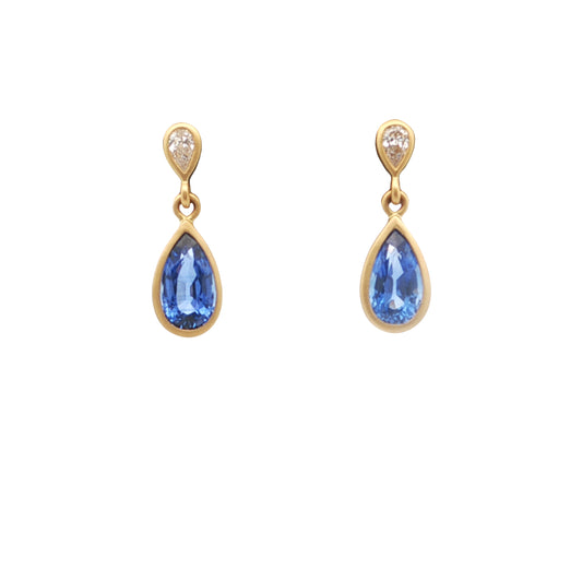 Blue Sapphire/Diamond Pear Shape Bezel Earring 1.72/0.12ct 18K Yellow Gold