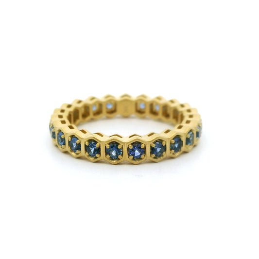 Blue Sapphire Round Eternity Band Hexagon Ring ~1.10ct 18K Yellow Gold Size 7.5
